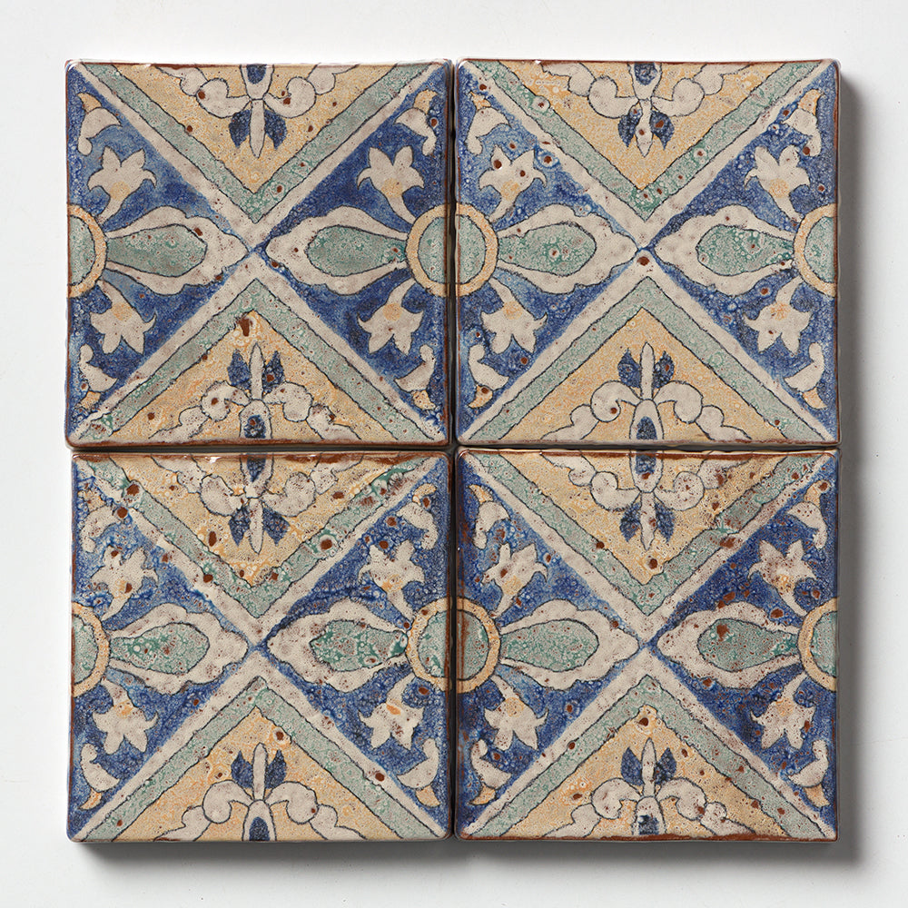 Marble Systems Maina Terracotta Beige, Green, Yellow glossy terracotta tile pattern swatch — available at Surface Group