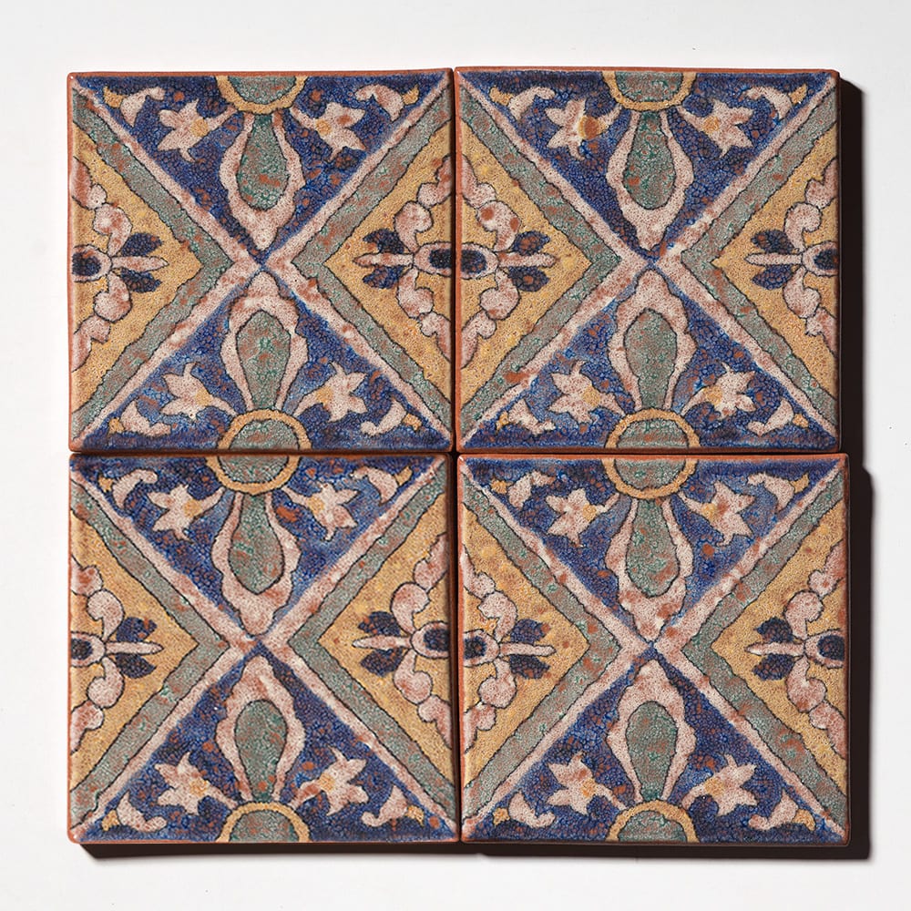 Marble Systems Maina Terracotta Beige, Green, Yellow glossy terracotta tile pattern swatch — available at Surface Group