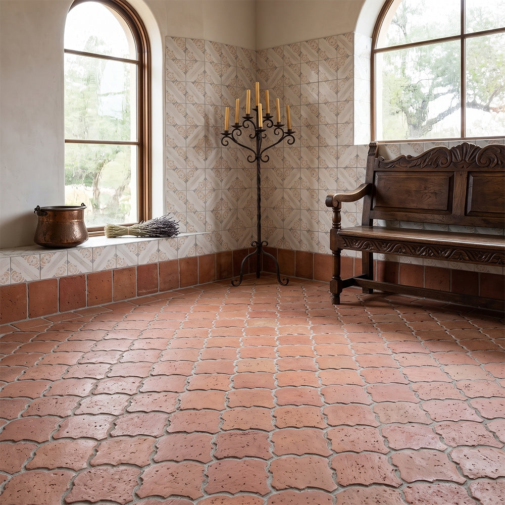 Catania Bianco Glossy Ceramic Tiles 6×6 (TL80394) Cotto Med Natural Fan Shape Terracotta Tiles 6 3/4×6 1/2 (TL90809)