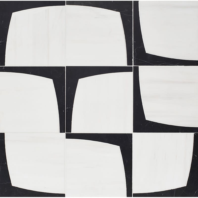 Marble Systems Mod Glam Decorative Marble Black Snow White matte marble tile pattern swatch — available at Surface Group