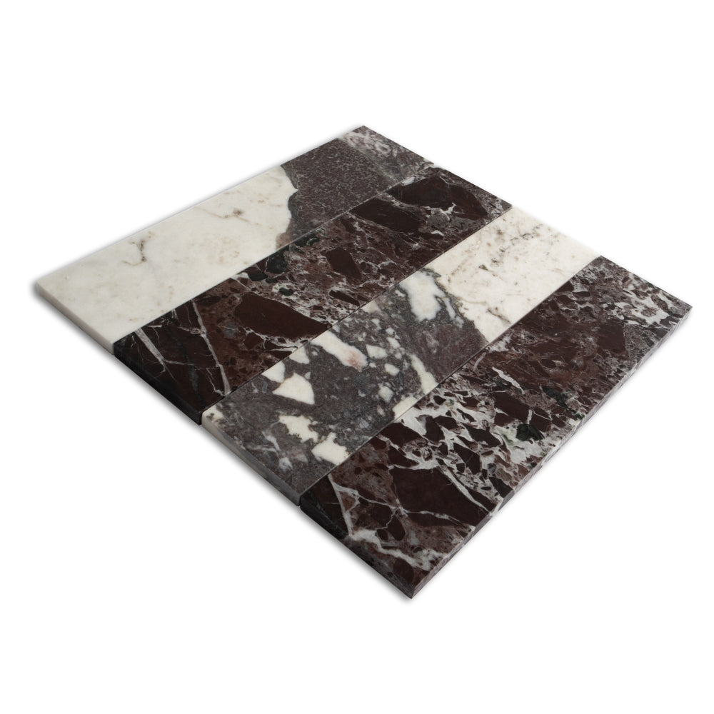 Calacatta Viola, Red Levanto Honed Mod Stripes Marble Mosaics 11 5/8×11 3/4 (MS90883)