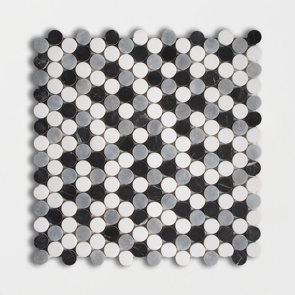 Black, Snow White, Allure Honed Penny Round Marble Mosaic 11 1/4×11 3/4 Image