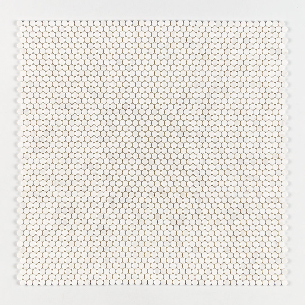 Marble Systems Penny Round Mosaic Snow White matte marble tile pattern swatch — available at Surface Group