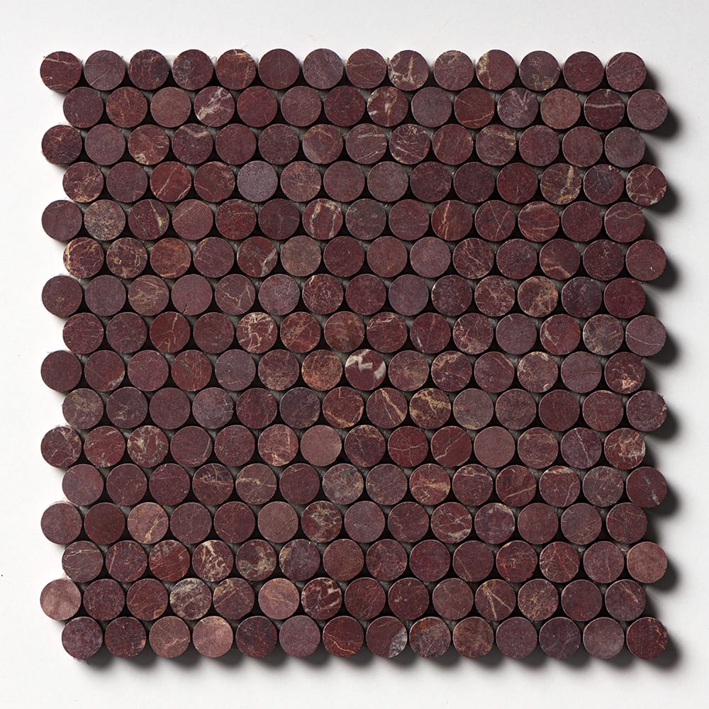 Red Bordeaux Honed Penny Round Marble Mosaic 11 1/4×11 3/4 Image