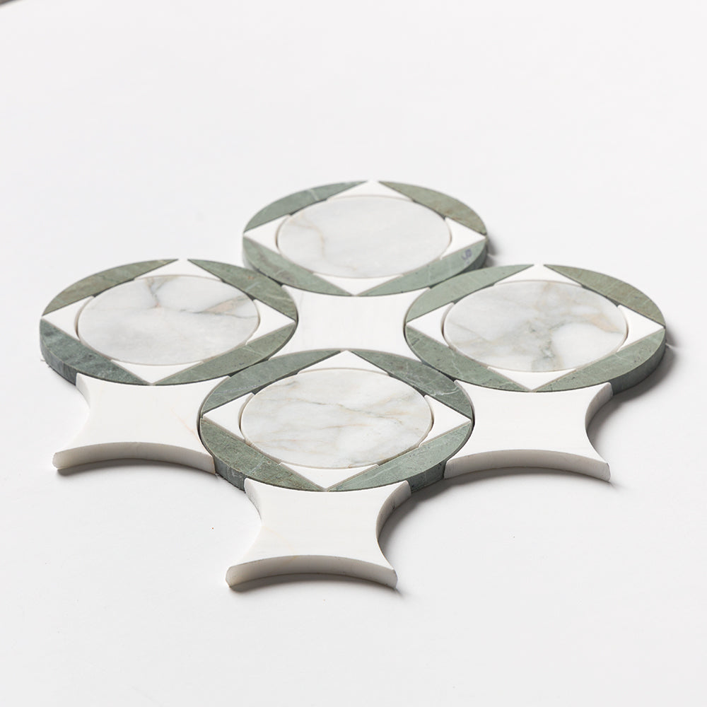 Calacatta Green, Snow White, Verde Tia Honed Aloha Marble Mosaics 10 11/16×10 11/16 (YNR10181)