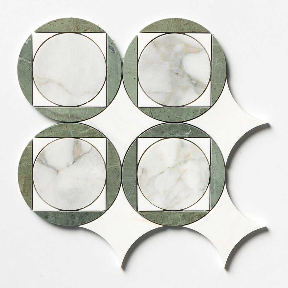 Snow White, Calacatta Green, Verde Tia Honed Aloha Marble Mosaic 10 11/16×10 11/16 Image