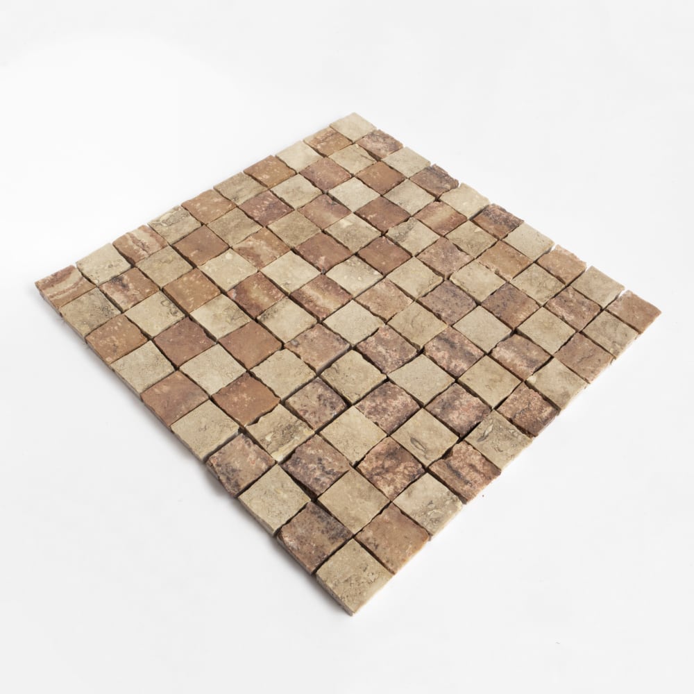 Roman Travertine, Scabas Red Travertine Honed Hand Clipped 1×1 Travertine Mosaics 11 3/4×11 3/4 (MS90954)