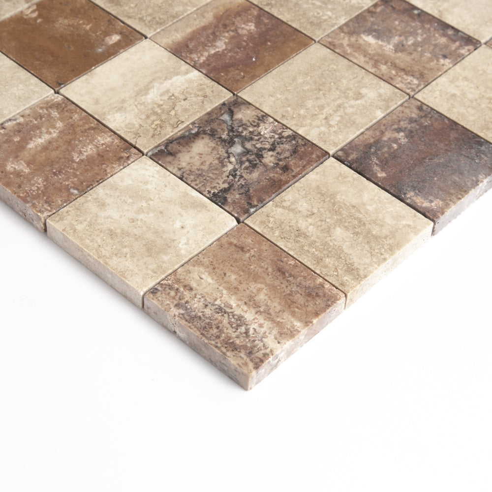 Roman Travertine, Scabas Red Travertine Honed 2×2 Travertine Mosaics 11 13/16×11 13/16 (MS90930)