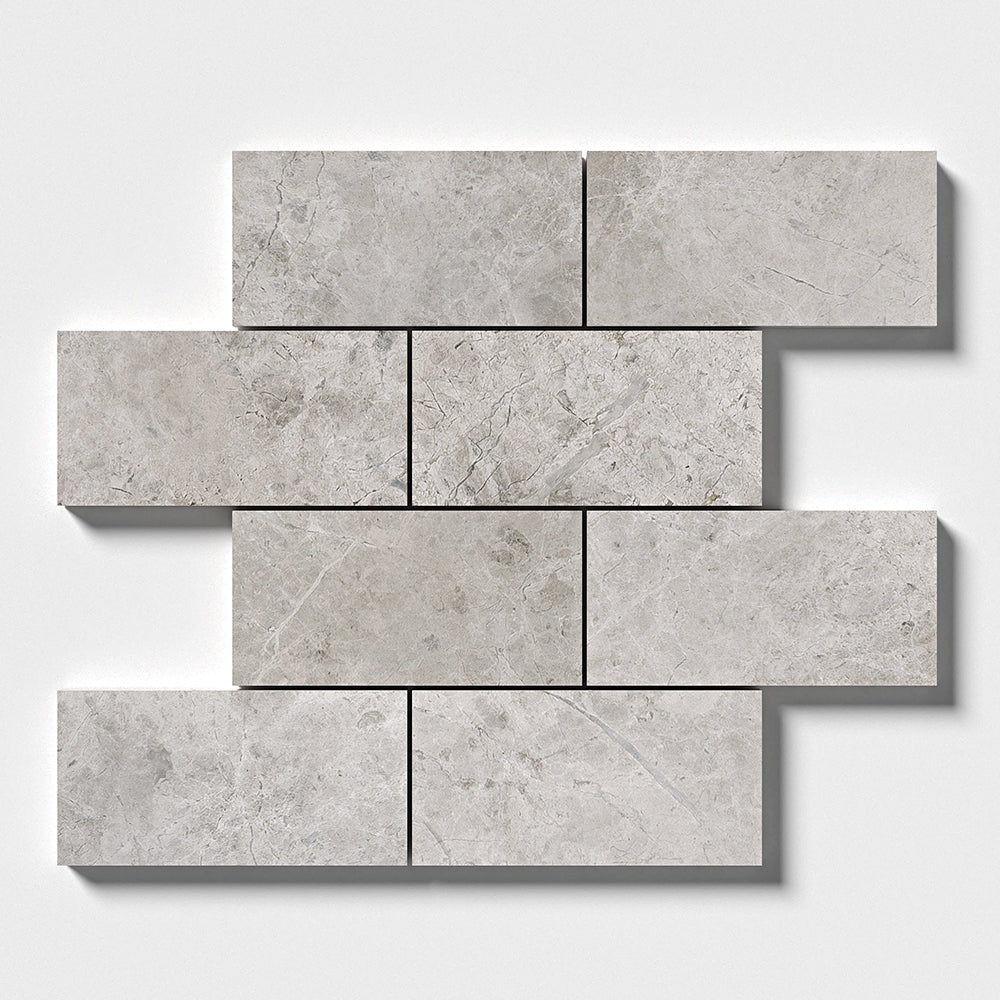 Marble Systems Silver Clouds Marble Silver Clouds glossy marble tile pattern swatch — available at Surface Group