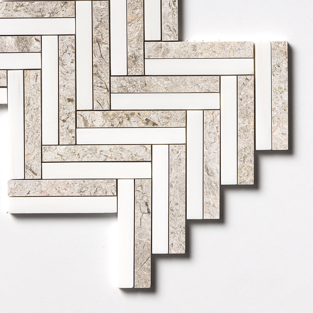 Silver Clouds, Snow White Multi Finish Raya Basket Marble Mosaics 12×12 (MS01763)