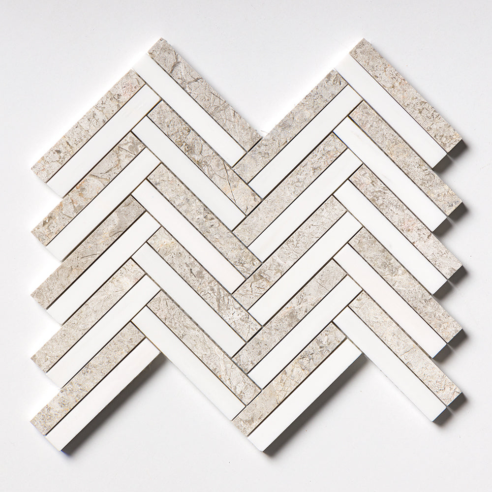 Silver Clouds, Snow White Multi Finish Raya Basket Marble Mosaic 11 13/16×12 3/16 Image