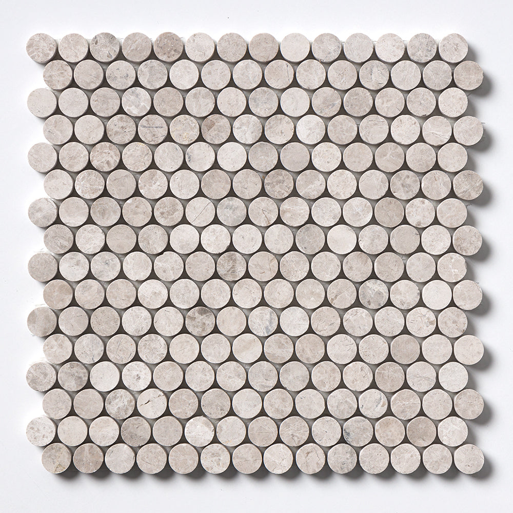 Silver Shadow Honed Penny Round Marble Mosaic 11 1/4×11 3/4 Image