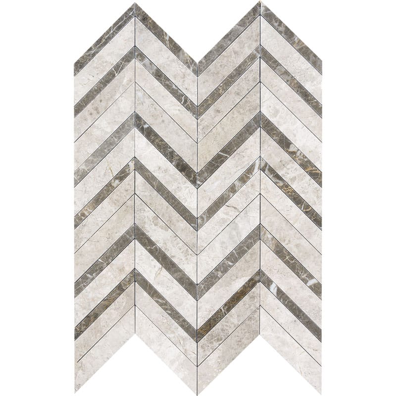 Silver Drop, Silver Shadow Multi Finish Chevron Fusion Marble Mosaic 16×11 7/8 Image