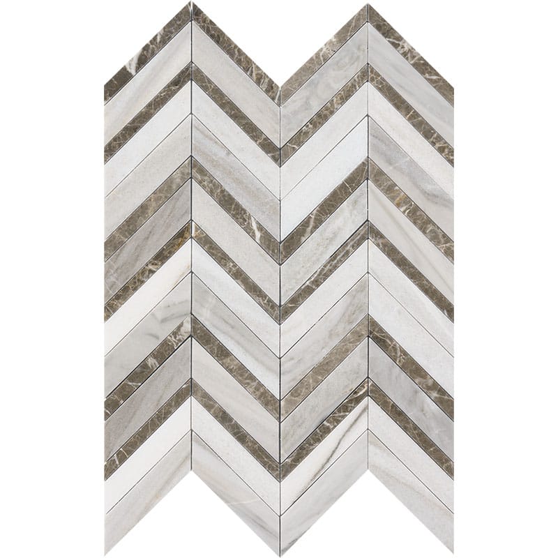 Skyline, Silver Drop Multi Finish Chevron Fusion Marble Mosaic 16×11 7/8 Image
