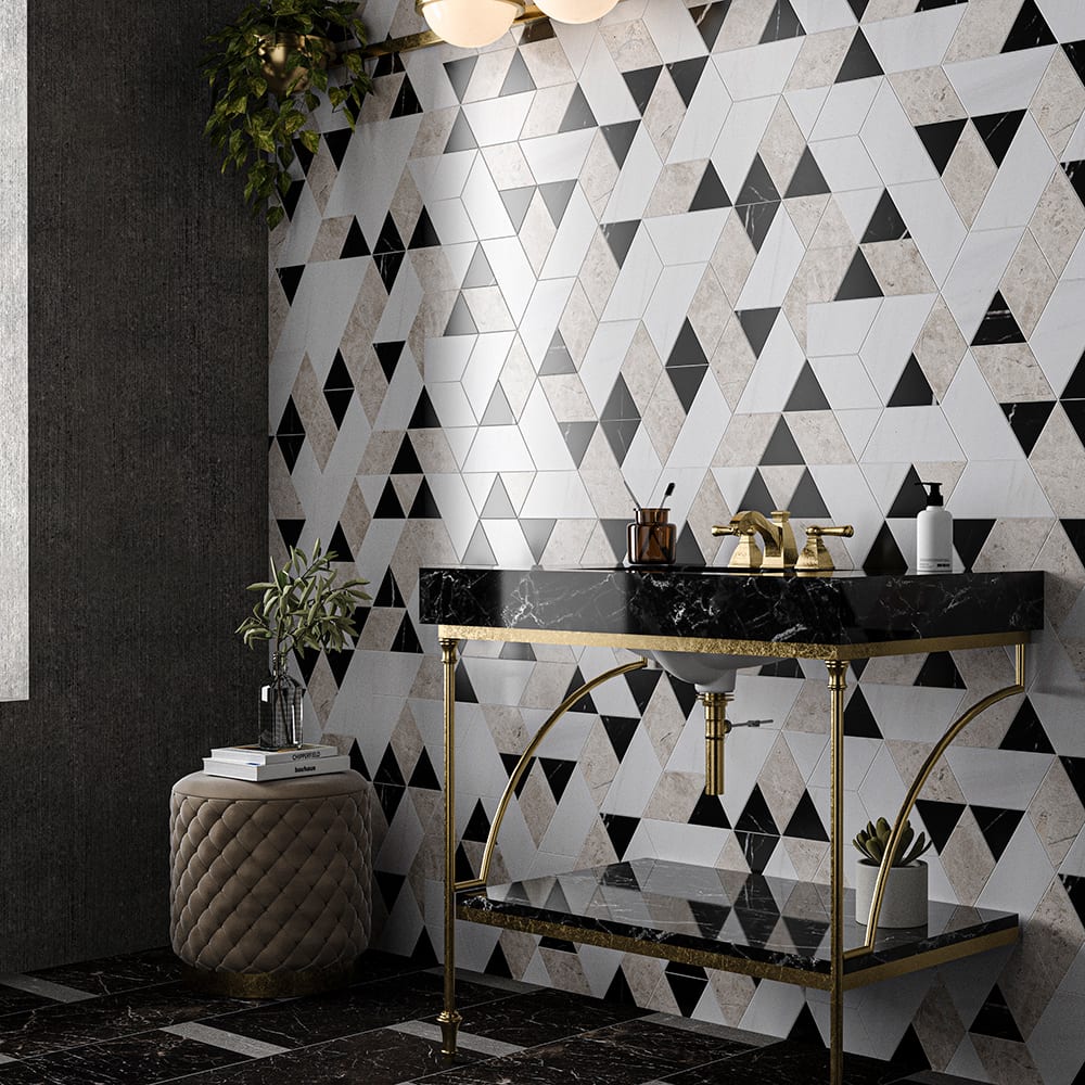Snow White, Black, Silver Shadow Honed Prismatic Blend Marble Mosaic 8×9 1/16 (MS02208)