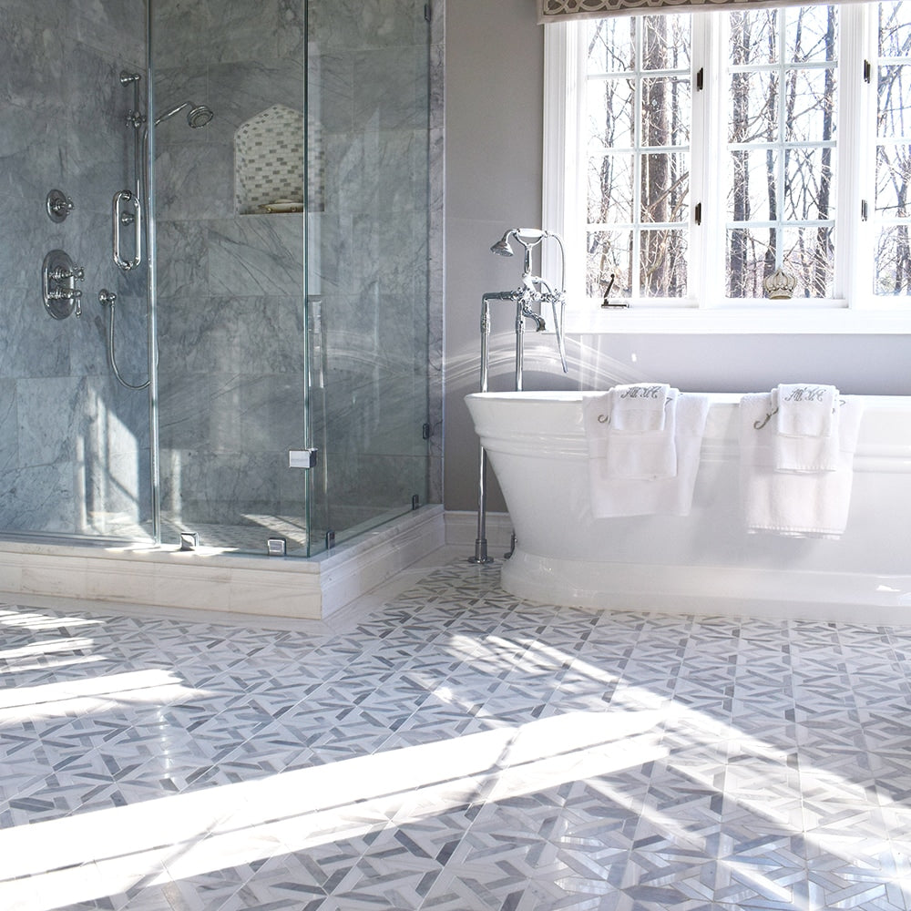 Snow White&avenza Honed&polished 5/8×1 1/4 Marble Mosaic 12×12 (MS01243) Avenza Honed Marble Tile 12×24 (TL16748) Marmara Avenza Light, Dolomite Multi Finish Marble Waterjet Decos 9 11/16×9 11/16 (YNR10031) Snow White Honed Base Marble Moldings 5 1/16×12 (ML00834)