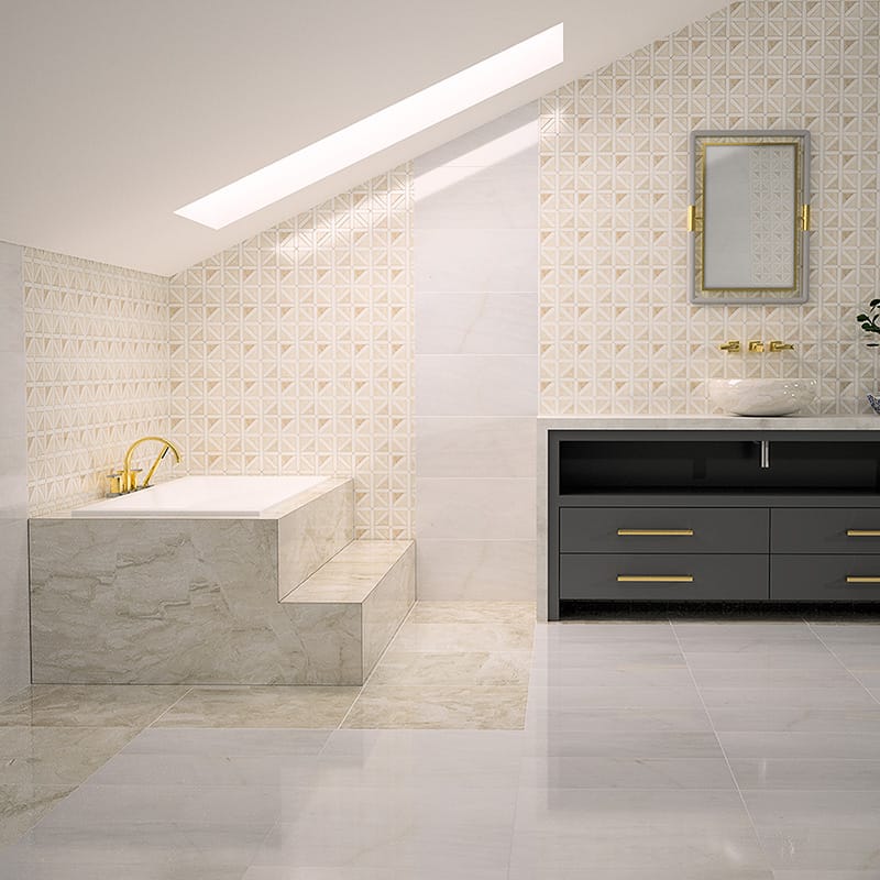 Diana Royal, Snow White Honed Classic Lattice Marble Mosaic 14 3/4×14 3/4 (MS01495) Diana Royal Polished Marble Tile 12×12 (TL13963)