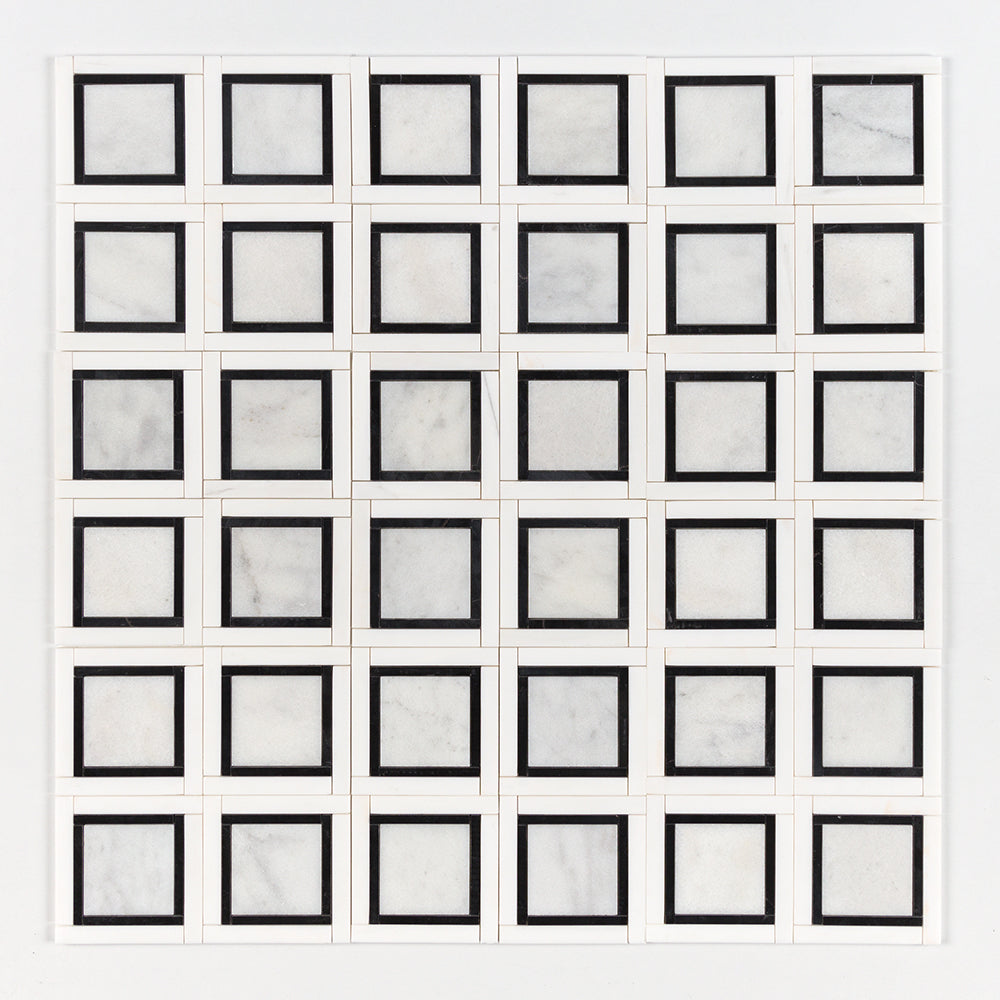 Marble Systems Studio Mosaic Tile Glacier Black Snow White multi finish tile pattern swatch — available at Surface Group