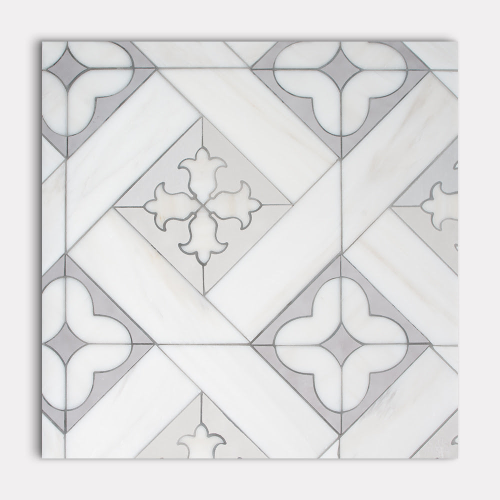Marble Systems Umbria Waterjet Bianco Dolomiti Lakeside Gray Sea Mist glossy tile pattern swatch — available at Surface Group