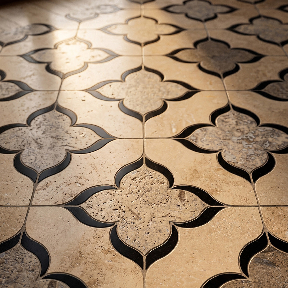 Black Matte, Ivory, Silverado Honed Azalea Waterjet Travertine Mosaics 13 3/16×13 3/16 (WUM01004)