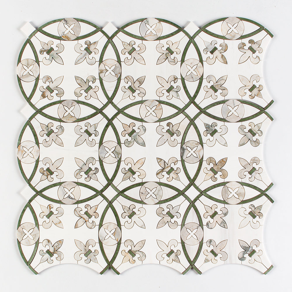 Marble Systems Umbria Waterjet Calacatta Green Snow White Gunmetal glossy tile pattern swatch — available at Surface Group