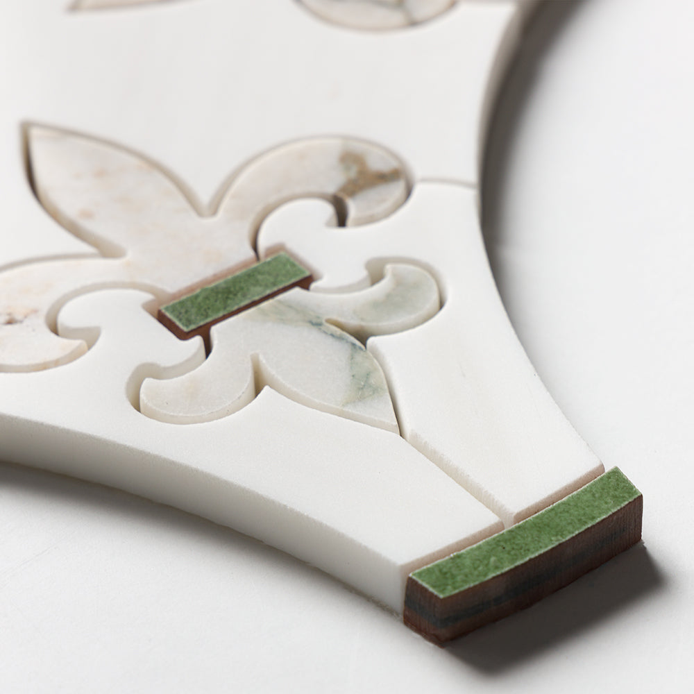 Calacatta Green, Snow White, Gunmetal Polished Quincy Waterjet Marble Mosaics 15×16 11/16 (WUM08004)