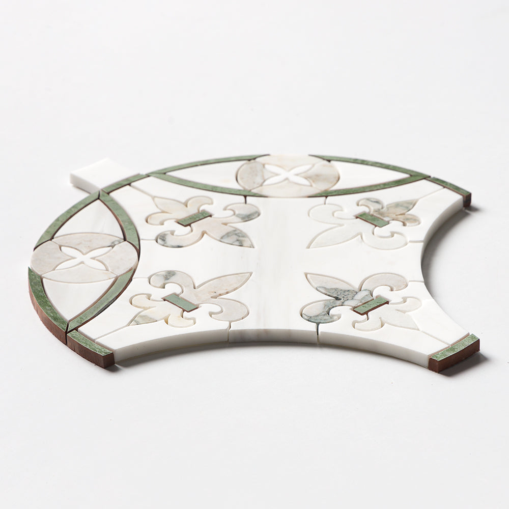 Calacatta Green, Snow White, Gunmetal Polished Quincy Waterjet Marble Mosaics 15×16 11/16 (WUM08004)