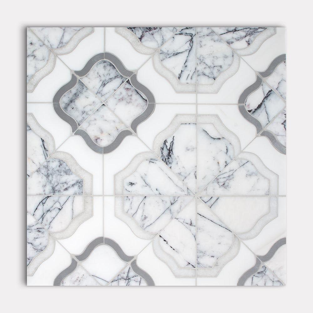 Marble Systems Umbria Waterjet Glacier Lilac Light Snow White Stepping multi finish tile pattern swatch — available at