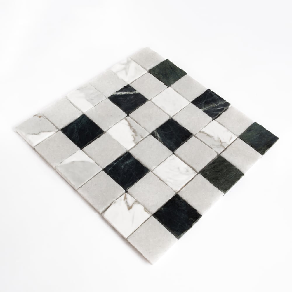Calacatta Gold, Glacier, Verde Lucia Honed Hand Clipped 2×2 Marble Mosaics 12×12 (MS90952)