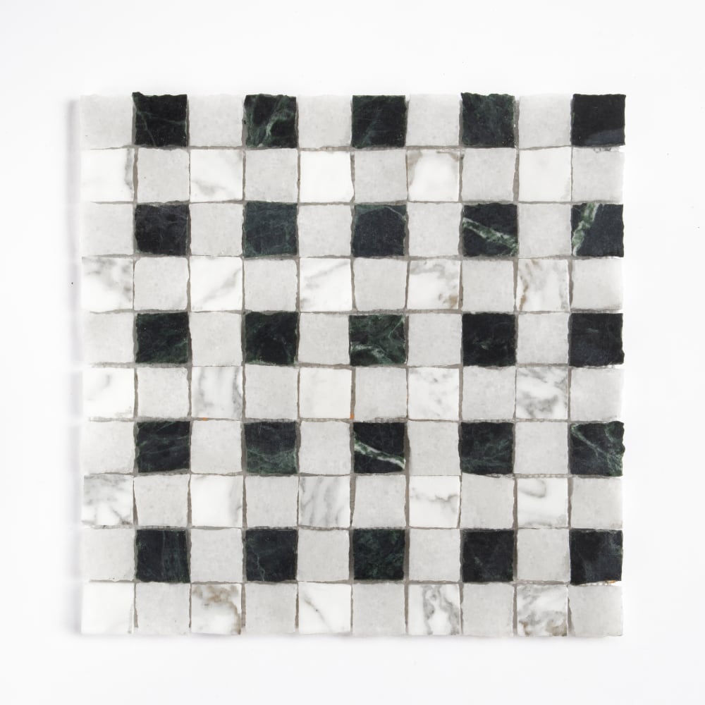 Calacatta Gold, Glacier, Verde Lucia Honed Hand Clipped 1×1 Marble Mosaics 11 3/4×11 3/4