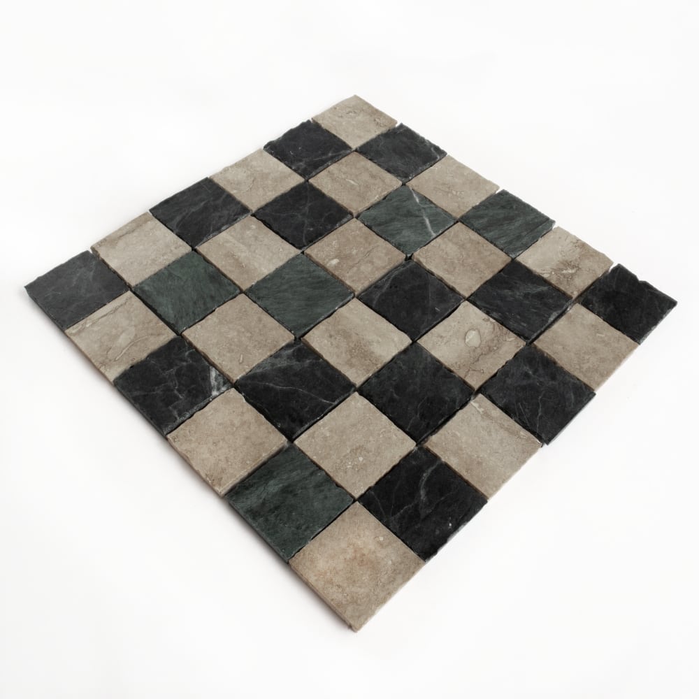 Roman Travertine, Verde Lucia Honed Hand Clipped 2×2 Marble Mosaics 12×12 (MS90953)