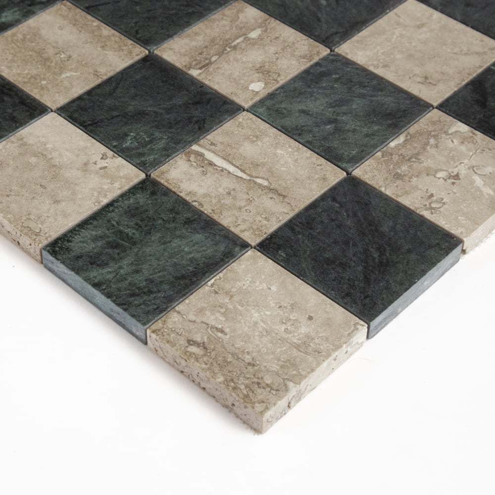 Roman Travertine, Verde Lucia Honed Petite Chester Marble Mosaics 12×12 (MS90950)