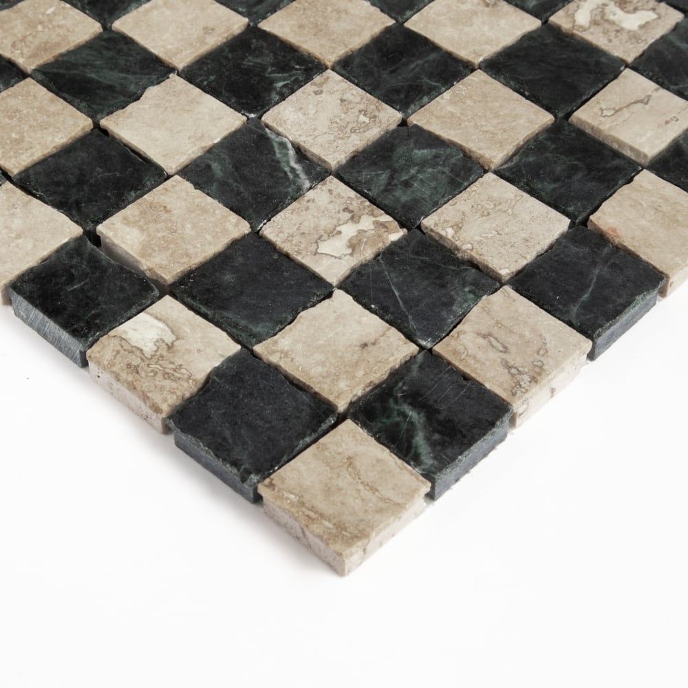 Roman Travertine, Verde Lucia Honed Hand Clipped 1×1 Marble Mosaics 11 3/4×11 3/4 (MS90947)