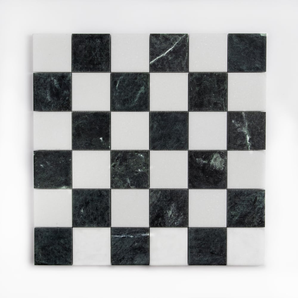 Thassos, Verde Lucia Honed Petite Chester Marble Mosaics 12×12