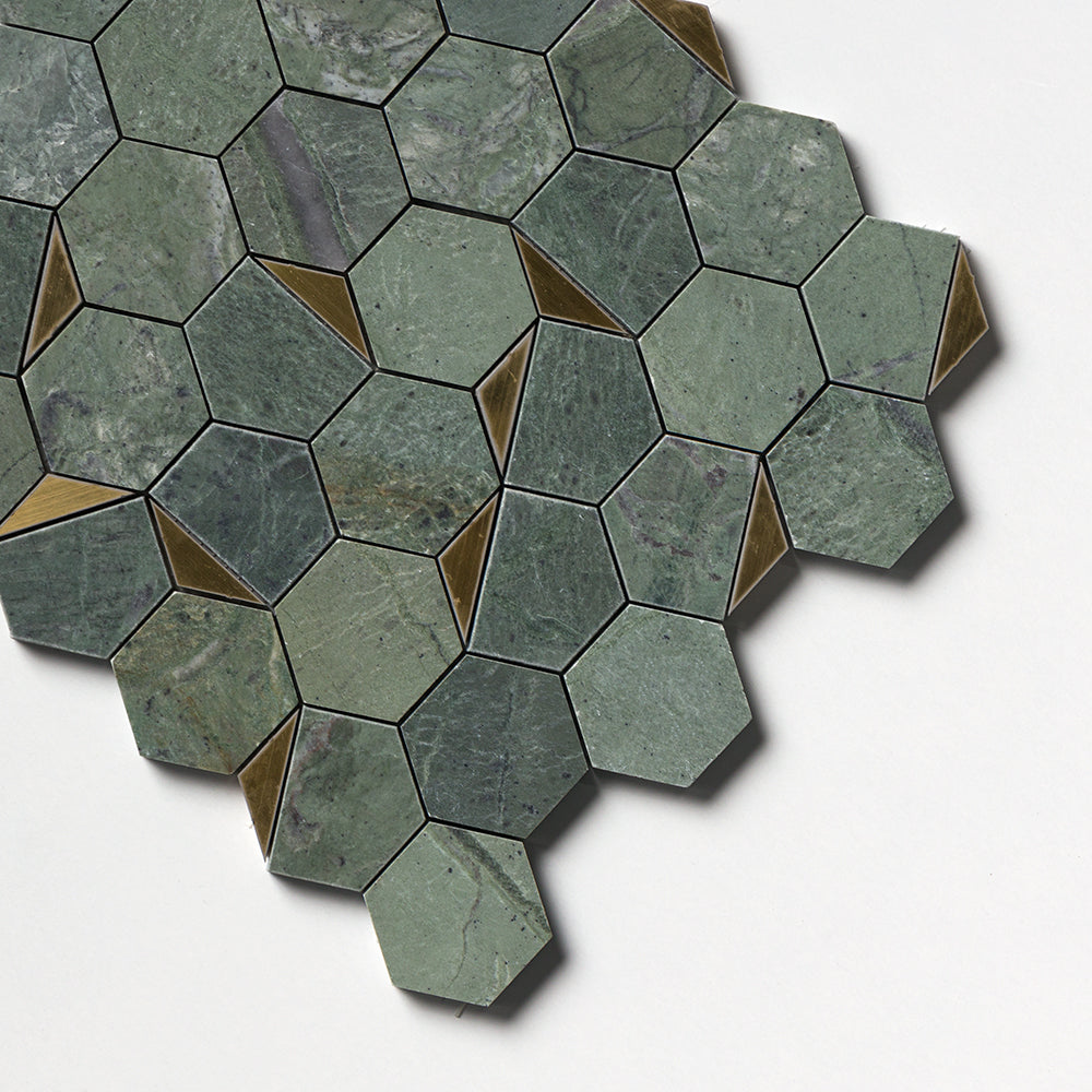 Brass, Verde Tia Honed Hexagon 2 Waterjet Marble Mosaics 10 1/4×11 3/4 (NW00173)