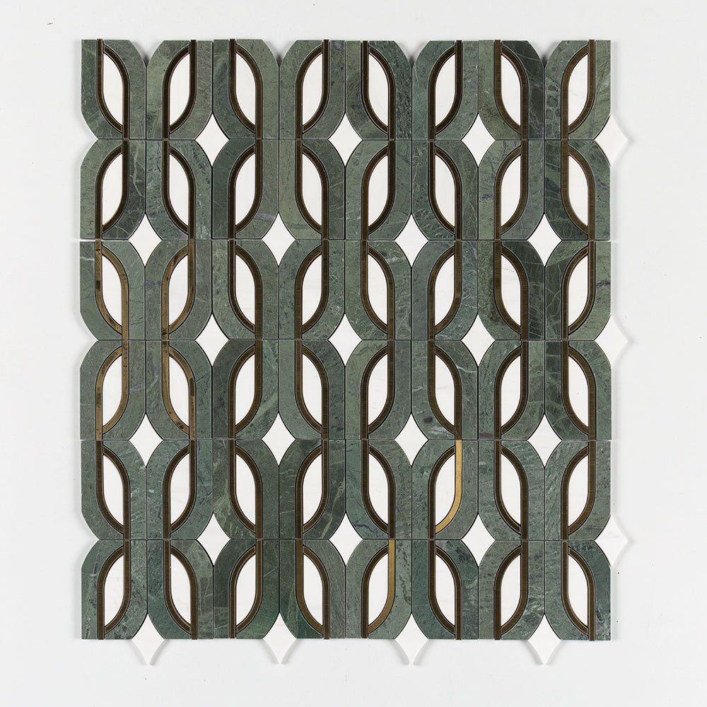 Marble Systems Verde Tia Marble Green, White, Yellow matte brass tile pattern swatch — available at Surface Group