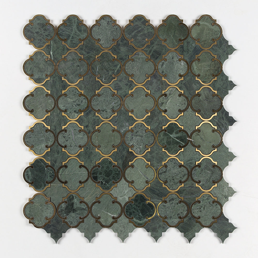 Marble Systems Verde Tia Marble Green, Yellow matte brass tile pattern swatch — available at Surface Group
