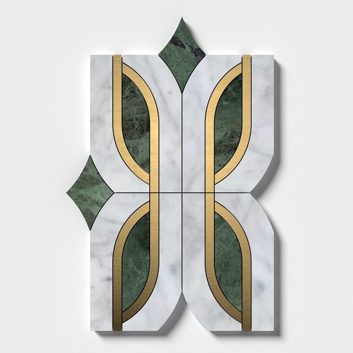 Brass, Verde Tia, White Carrara Honed Butterfly Marble Mosaic 7 13/16×11 3/4 Image