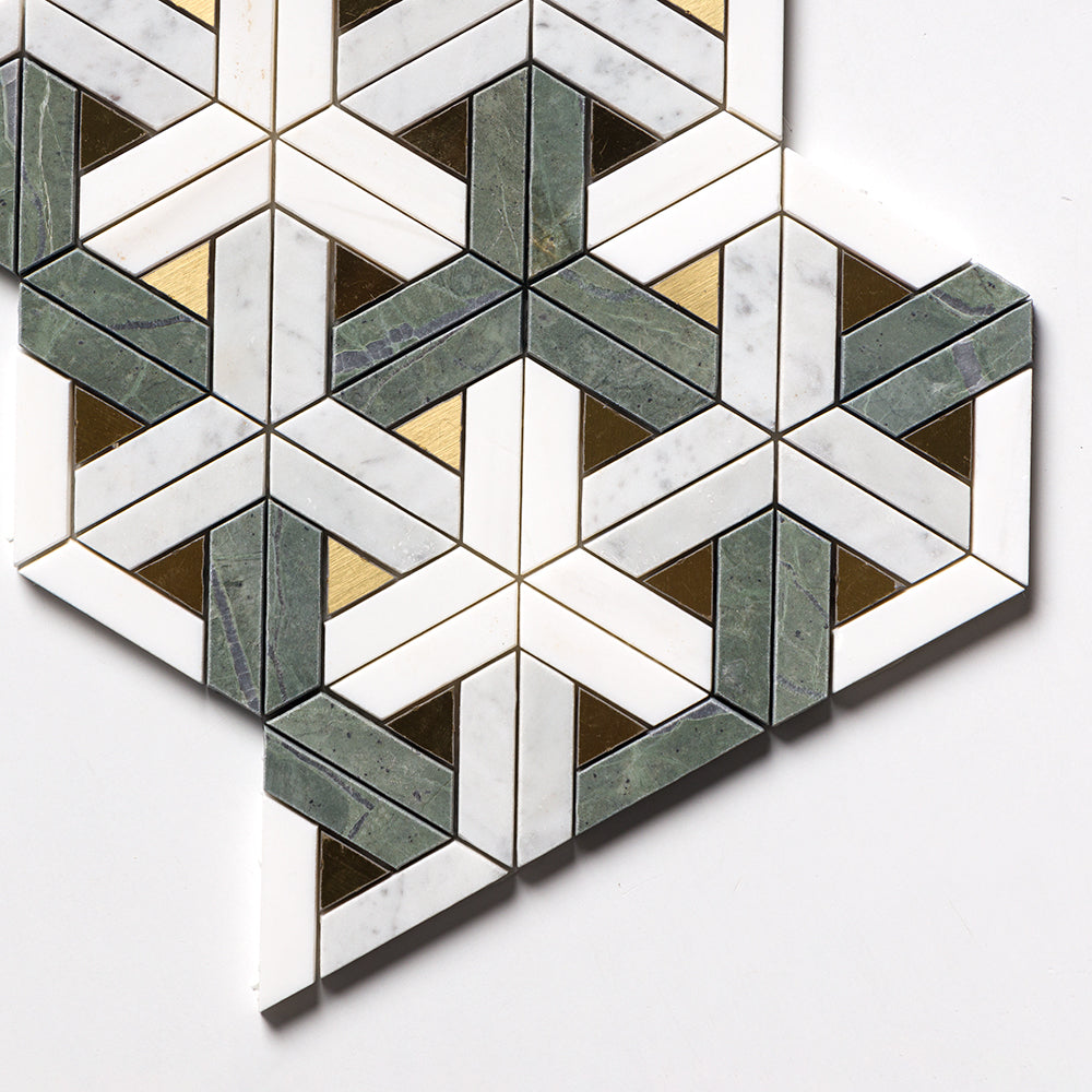 Snow White, White Carrara, Brass, Verde Tia Honed Fence Waterjet Marble Mosaics 12×12 (NW00177)