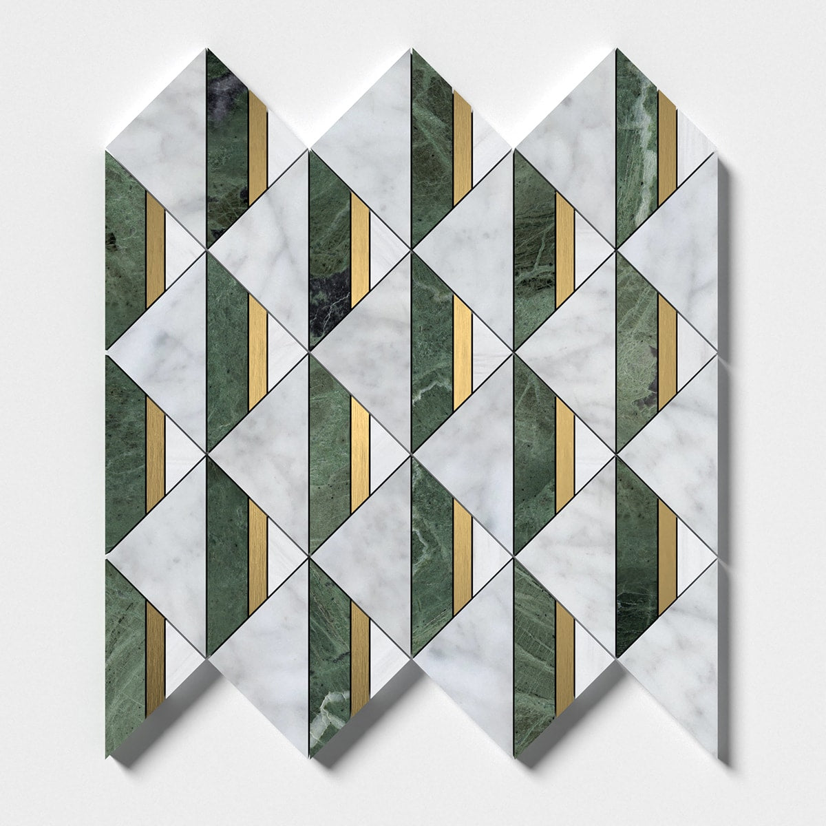 Brass, Verde Tia, White Carrara Honed Angela Marble Mosaic 12 3/8×12 1/2 Image