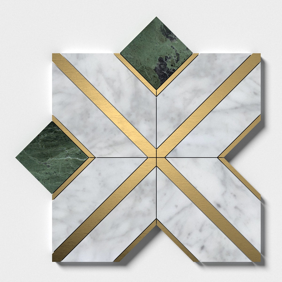 Brass, Verde Tia, White Carrara Honed Arlo Marble Mosaic 11 15/16×11 15/16 Image
