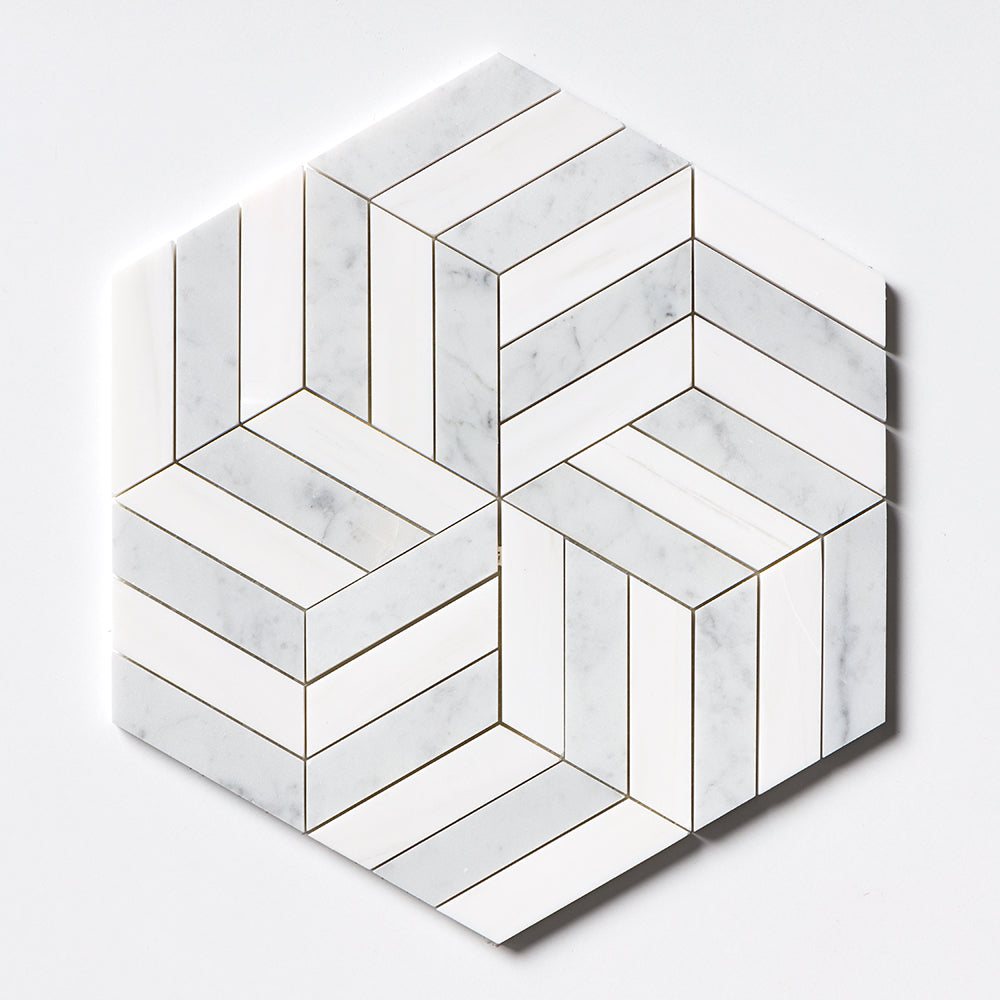 Snow White, White Carrara Honed Windmill Marble Mosaic 11 3/4×13 9/16 Image