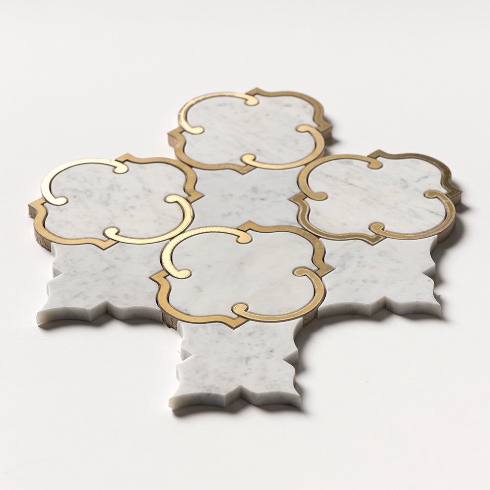 White Carrara, Brass Honed Casablanca Marble Mosaics 10 1/2×11 3/16 (YNR10177)