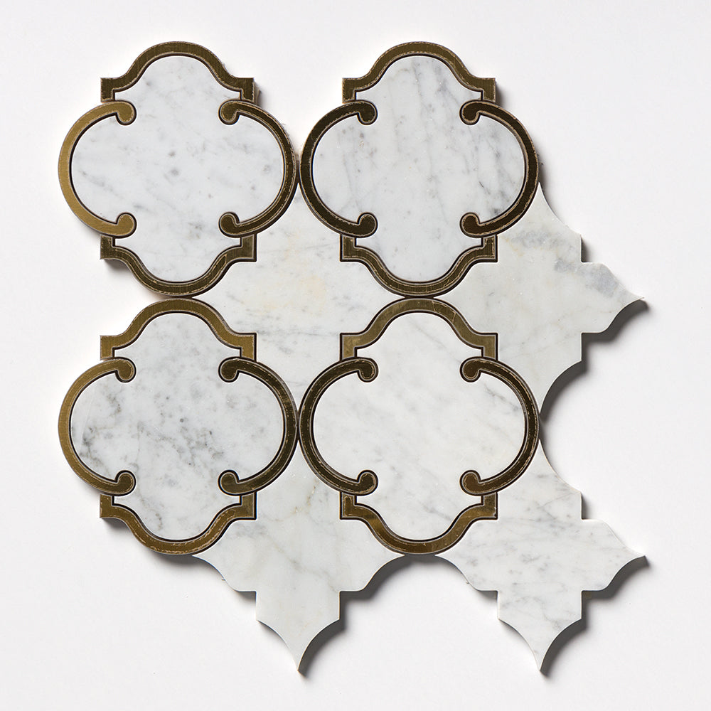 Brass, White Carrara Honed Casablanca Marble Mosaic 10 1/2×11 3/16 Image