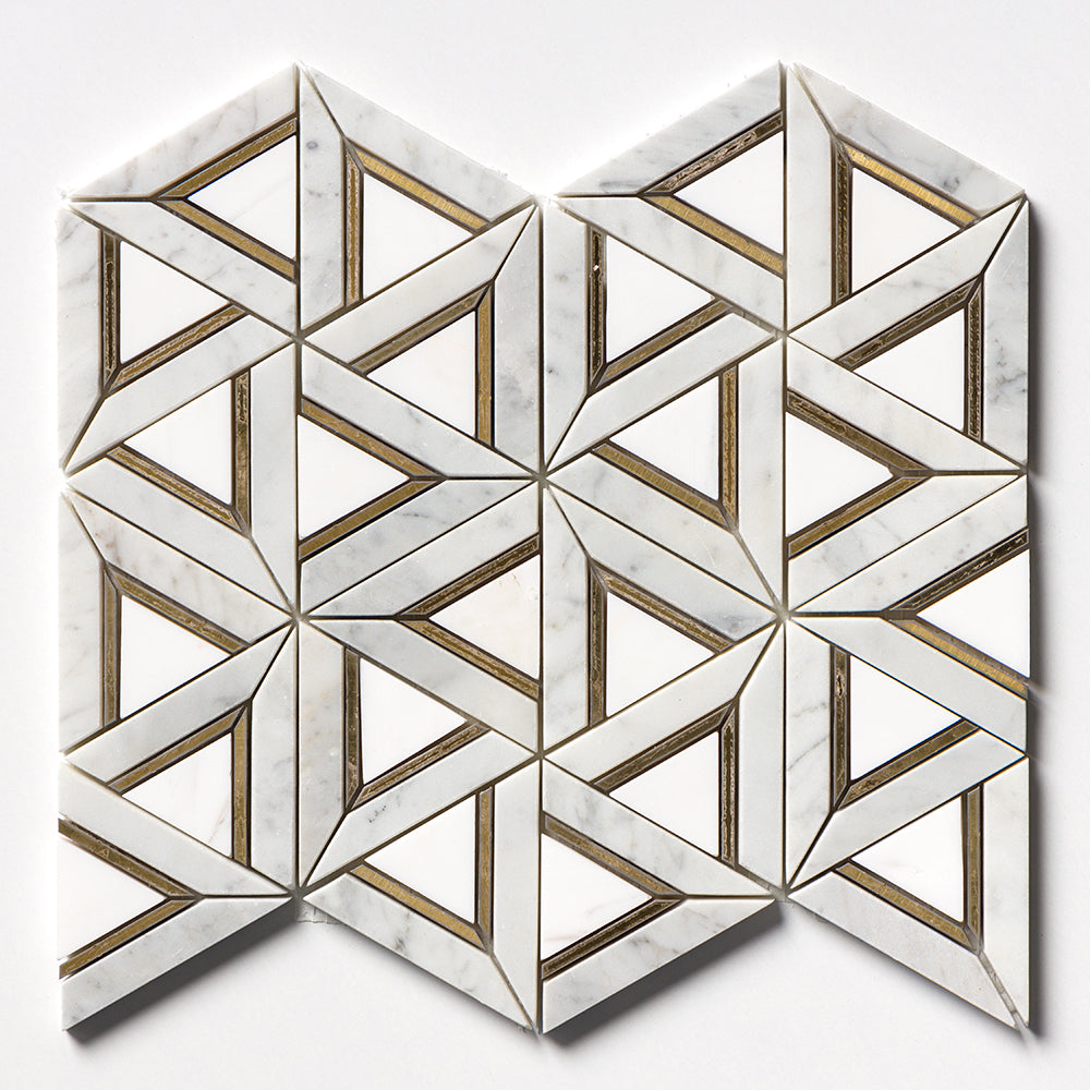 Brass, White Carrara Honed Trillium Marble Mosaic 10 3/16×11 13/16 Image