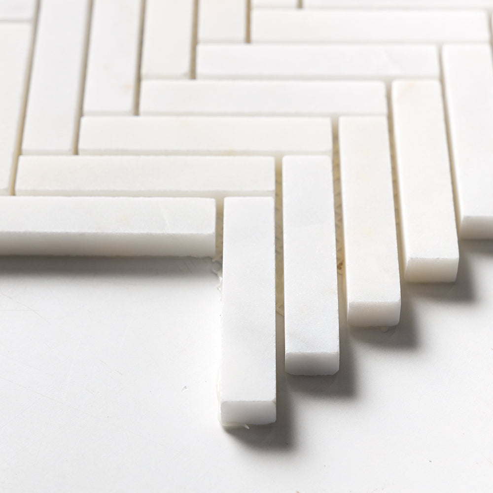 White Pearl Honed Herringbone 5/8×3 Marble Mosaics 10 7/16×12 13/16 (MS02581)