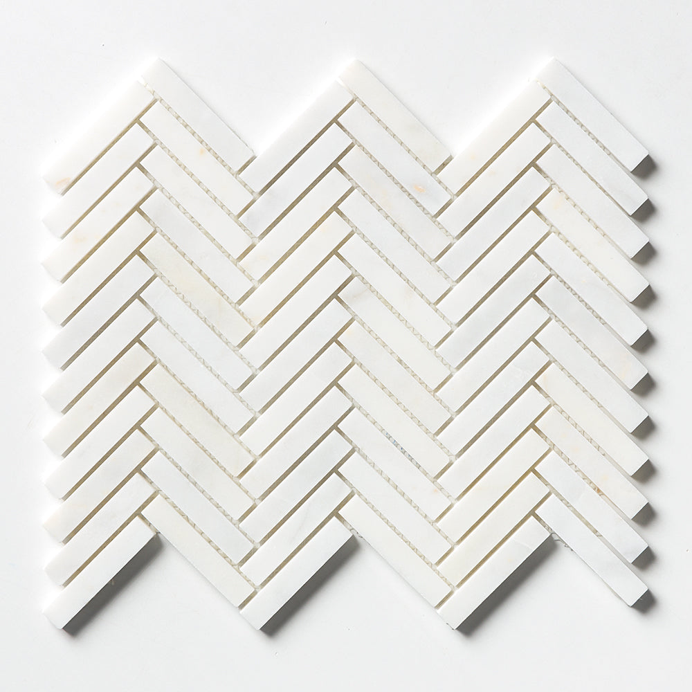 White Pearl Honed Herringbone 5/8×3 Marble Mosaic 10 7/16×12 13/16 Image
