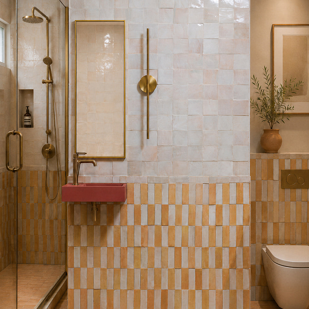 Blanc Fes Glossy Zellige Tiles 4×4 (WMZ90002) Natural Subway Zellige Tiles 2×6 (WMZ90014) Blanc Fes Glossy Subway Zellige Tiles 2×6 (WMZ90011)