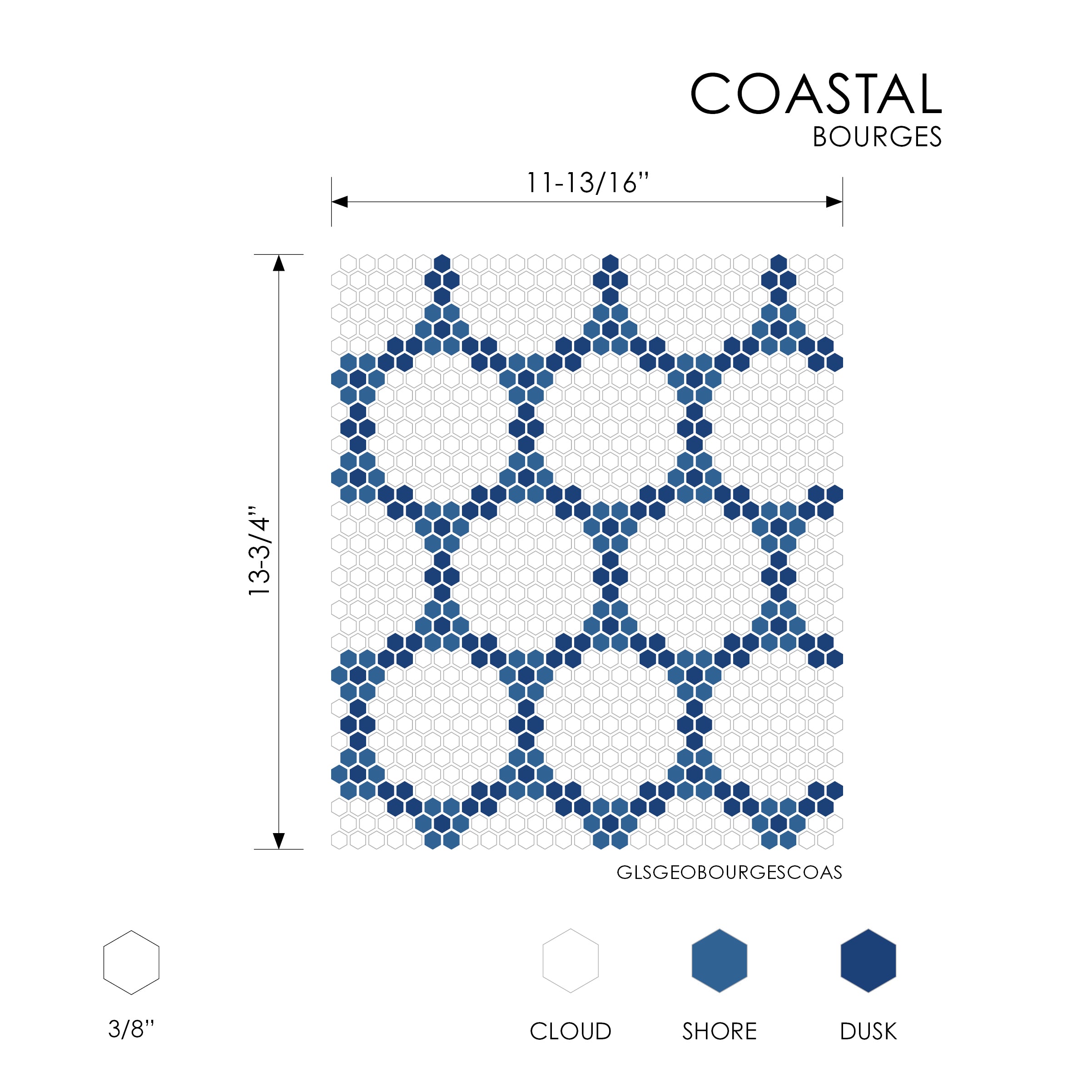 GEOMETRO: Bourges Coastal Hexagonal Recycled Glass Mosaic (11 13/16"x13 3/4"x3/8" | Matte)