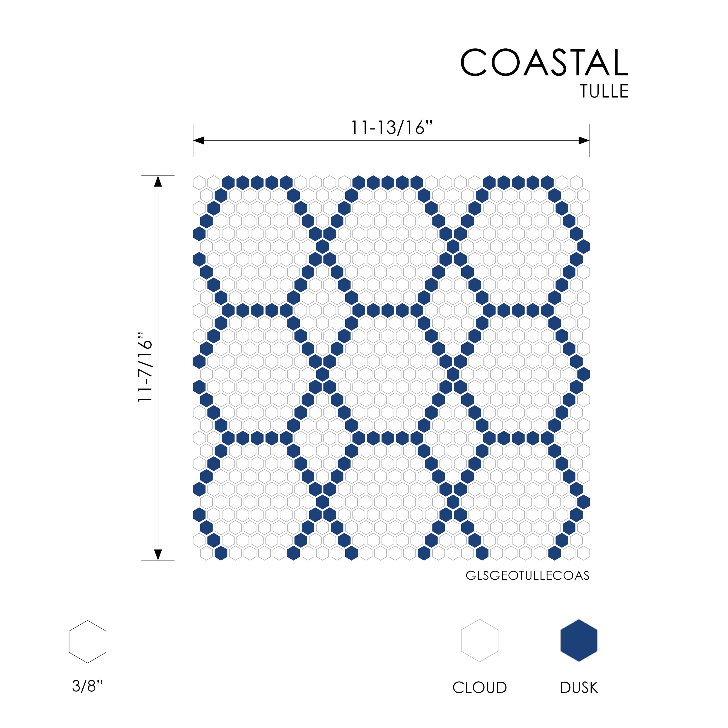 GEOMETRO: Tulle Coastal Hexagonal Recycled Glass Mosaic (11 7/16"x11 13/16"x3/8" | Matte)